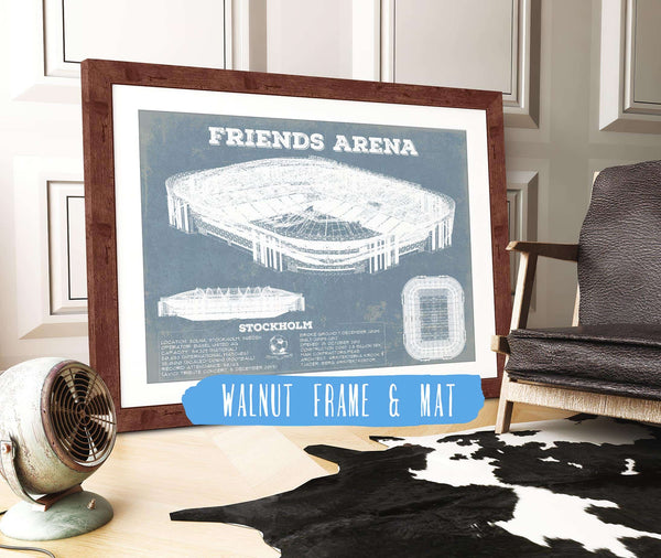 20" x 16" / Walnut Frame & Mat Cutler West Friends Arena (Nationalarenan) Blueprint Vintage Soccer Print