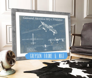 14" x 11" / Greyson Frame & Mat Cutler West General Atomics MQ-1 Predator Vintage UAV Blueprint Military Print