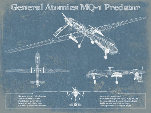 14" x 11" / Unframed Cutler West General Atomics MQ-1 Predator Vintage UAV Blueprint Military Print