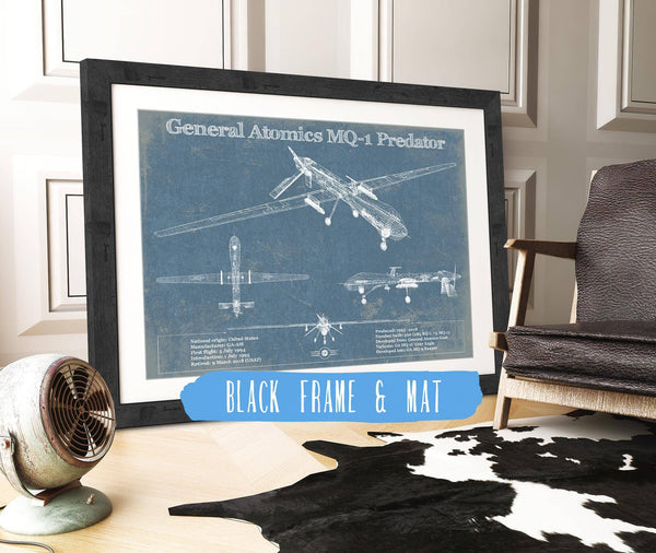 20" x 16" / Black Frame & Mat Cutler West General Atomics MQ-1 Predator Vintage UAV Blueprint Military Print