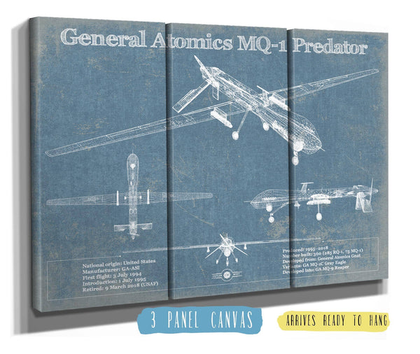36" x 24" / 3 Panel Canvas Wrap Cutler West General Atomics MQ-1 Predator Vintage UAV Blueprint Military Print