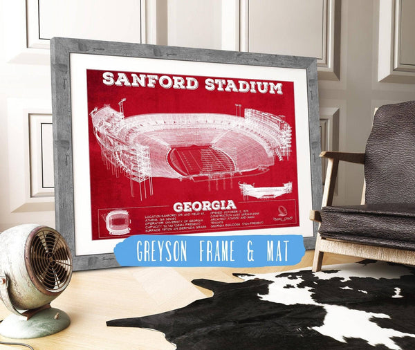 14" x 11" / Greyson Frame & Mat Cutler West Georgia Bulldogs Football Team Colors - Sanford Stadium Vintage Football Blueprint Art Print
