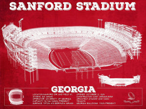 14" x 11" / Unframed Cutler West Georgia Bulldogs Football Team Colors - Sanford Stadium Vintage Football Blueprint Art Print