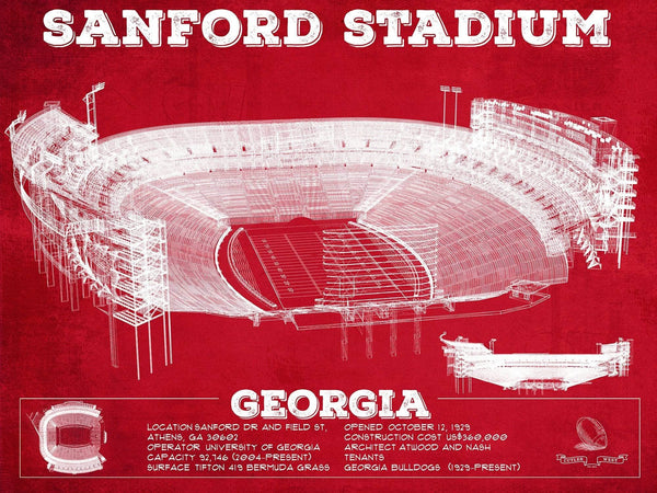 14" x 11" / Unframed Cutler West Georgia Bulldogs Football Team Colors - Sanford Stadium Vintage Football Blueprint Art Print