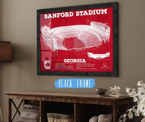 20" x 16" / Black Frame Cutler West Georgia Bulldogs Football Team Colors - Sanford Stadium Vintage Football Blueprint Art Print