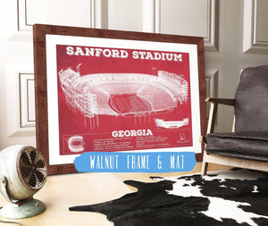 20" x 16" / Walnut Frame & Mat Cutler West Georgia Bulldogs Football Team Colors - Sanford Stadium Vintage Football Blueprint Art Print