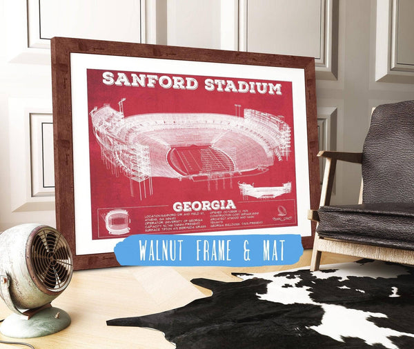 20" x 16" / Walnut Frame & Mat Cutler West Georgia Bulldogs Football Team Colors - Sanford Stadium Vintage Football Blueprint Art Print
