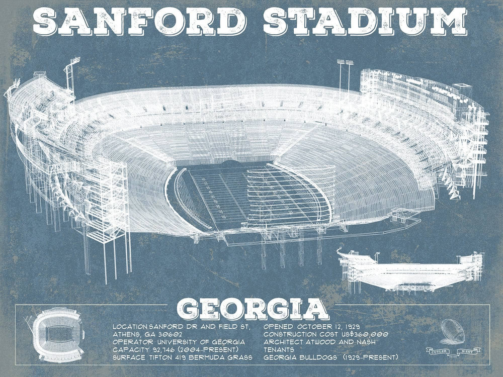 14" x 11" / Stretched Canvas Wrap Cutler West Georgia Bulldogs - Sanford Stadium - Vintage Football Blueprint Art Print