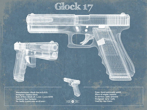14" x 11" / Unframed Cutler West Glock 17 Blueprint Vintage Gun Print