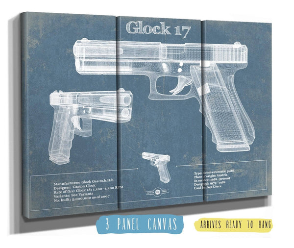 48" x 36" / 3 Panel Canvas Wrap Cutler West Glock 17 Blueprint Vintage Gun Print