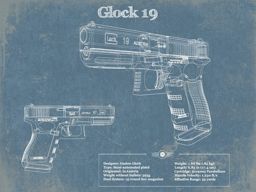 14" x 11" / Stretched Canvas Wrap Cutler West Glock 19 Blueprint Vintage Gun Print