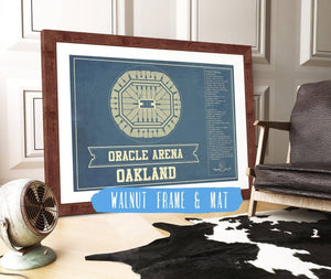 14" x 11" / Walnut Frame Mat Cutler West Golden State Warriors - Oracle Arena Vintage Basketball Blueprint Framed NBA Print