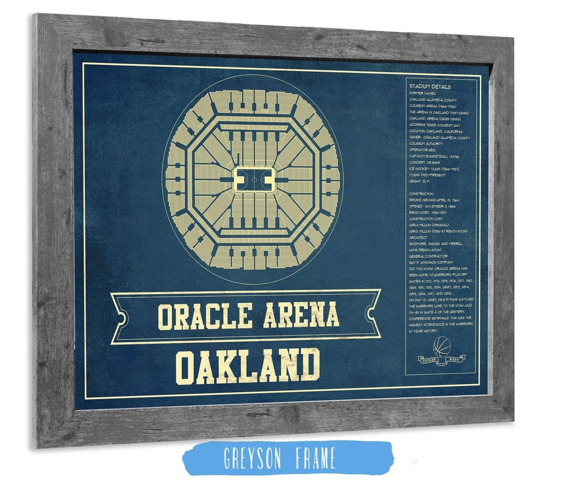 Cutler West Basketball Collection 14" x 11" / Greyson Frame Golden State Warriors - Oracle Arena Vintage Basketball Blueprint Framed NBA Print 660987526_76438