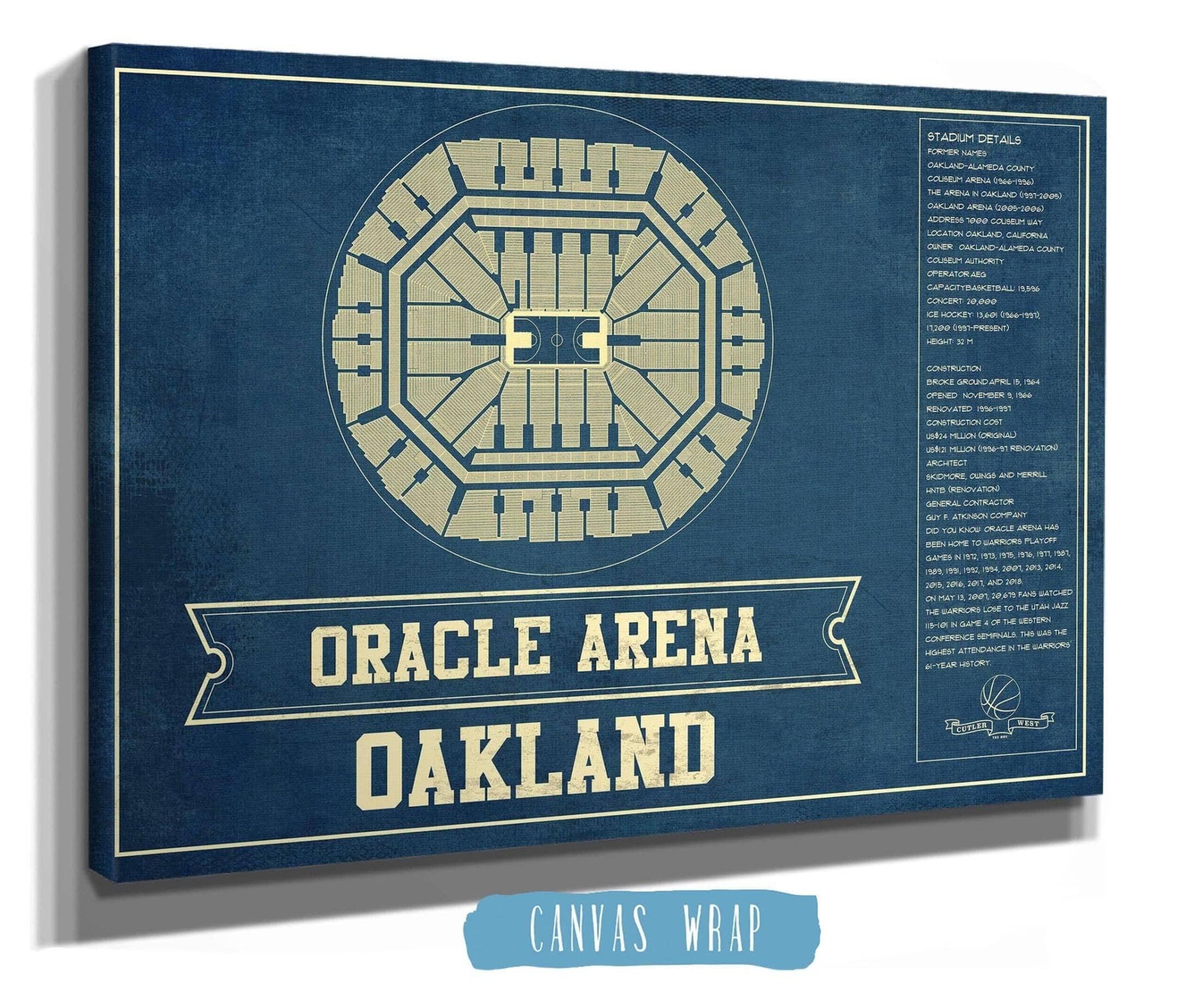 Cutler West Basketball Collection Golden State Warriors - Oracle Arena Vintage Basketball Blueprint Framed NBA Print