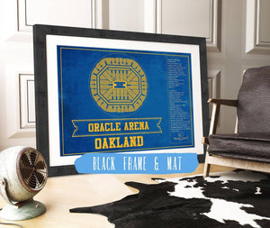 14" x 11" / Black Frame Mat Cutler West Golden State Warriors - Oracle Arena Vintage Basketball Blueprint Framed NBA Team Color Print