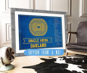14" x 11" / Greyson Frame Mat Cutler West Golden State Warriors - Oracle Arena Vintage Basketball Blueprint Framed NBA Team Color Print