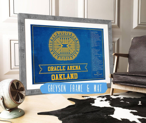14" x 11" / Greyson Frame Mat Cutler West Golden State Warriors - Oracle Arena Vintage Basketball Blueprint Framed NBA Team Color Print