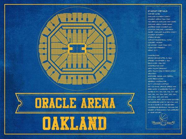 14" x 11" / Unframed Cutler West Golden State Warriors - Oracle Arena Vintage Basketball Blueprint Framed NBA Team Color Print