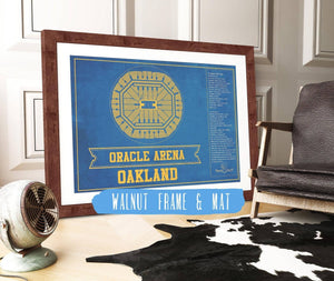 14" x 11" / Walnut Frame Mat Cutler West Golden State Warriors - Oracle Arena Vintage Basketball Blueprint Framed NBA Team Color Print