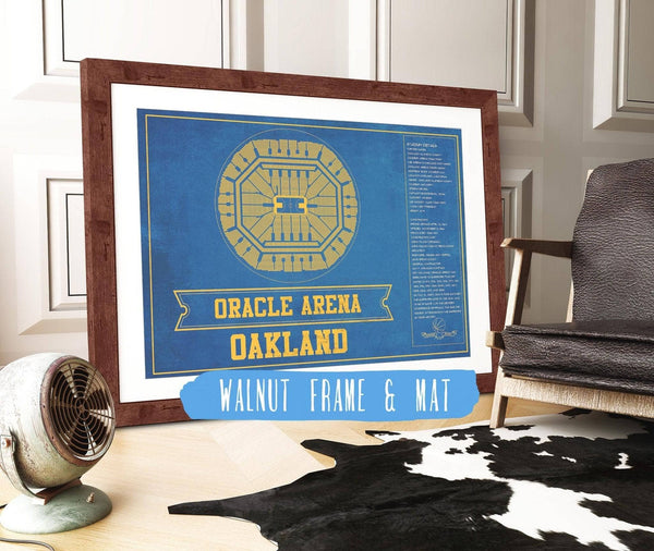14" x 11" / Walnut Frame Mat Cutler West Golden State Warriors - Oracle Arena Vintage Basketball Blueprint Framed NBA Team Color Print