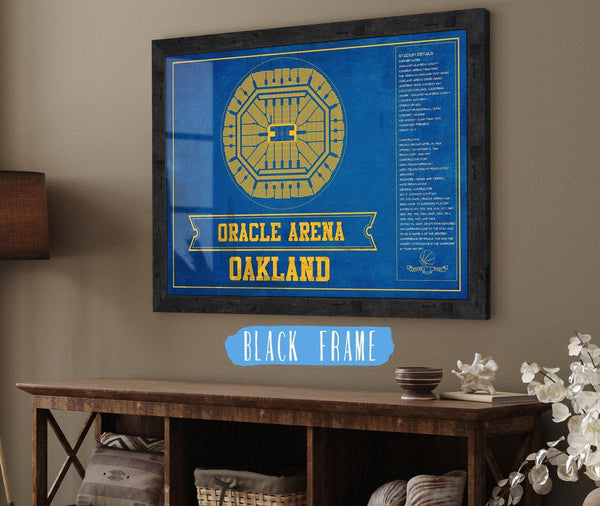 20" x 16" / Black Frame Cutler West Golden State Warriors - Oracle Arena Vintage Basketball Blueprint Framed NBA Team Color Print