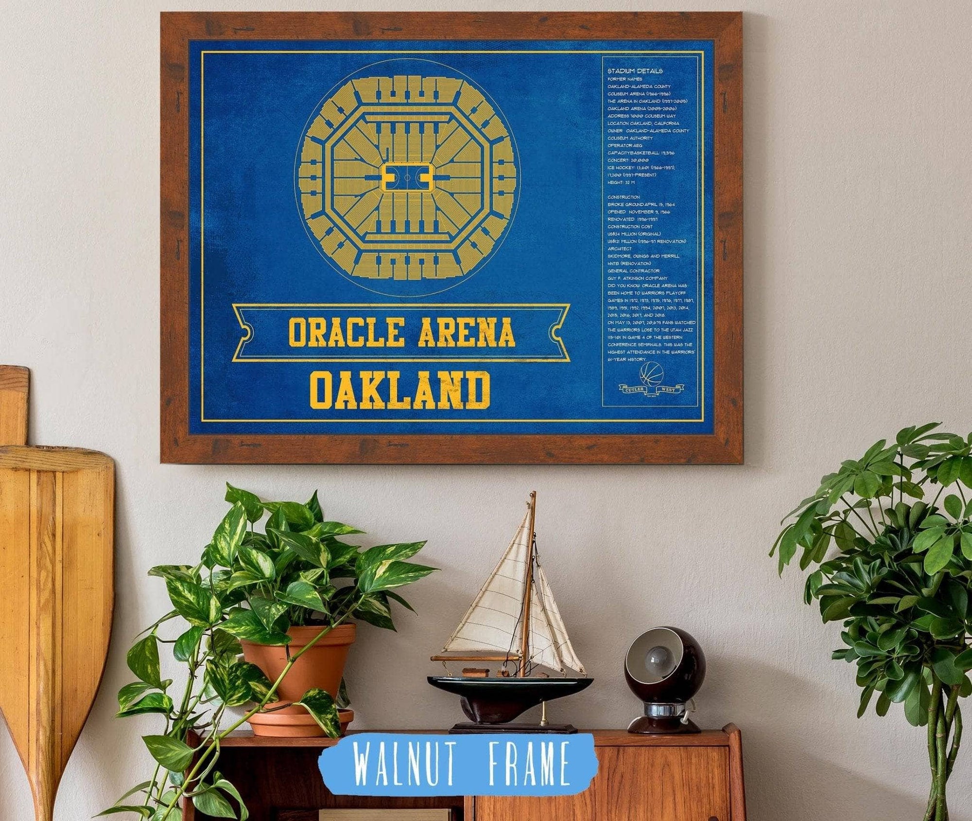 Cutler West Basketball Collection Golden State Warriors - Oracle Arena Vintage Basketball Blueprint Framed NBA Team Color Print