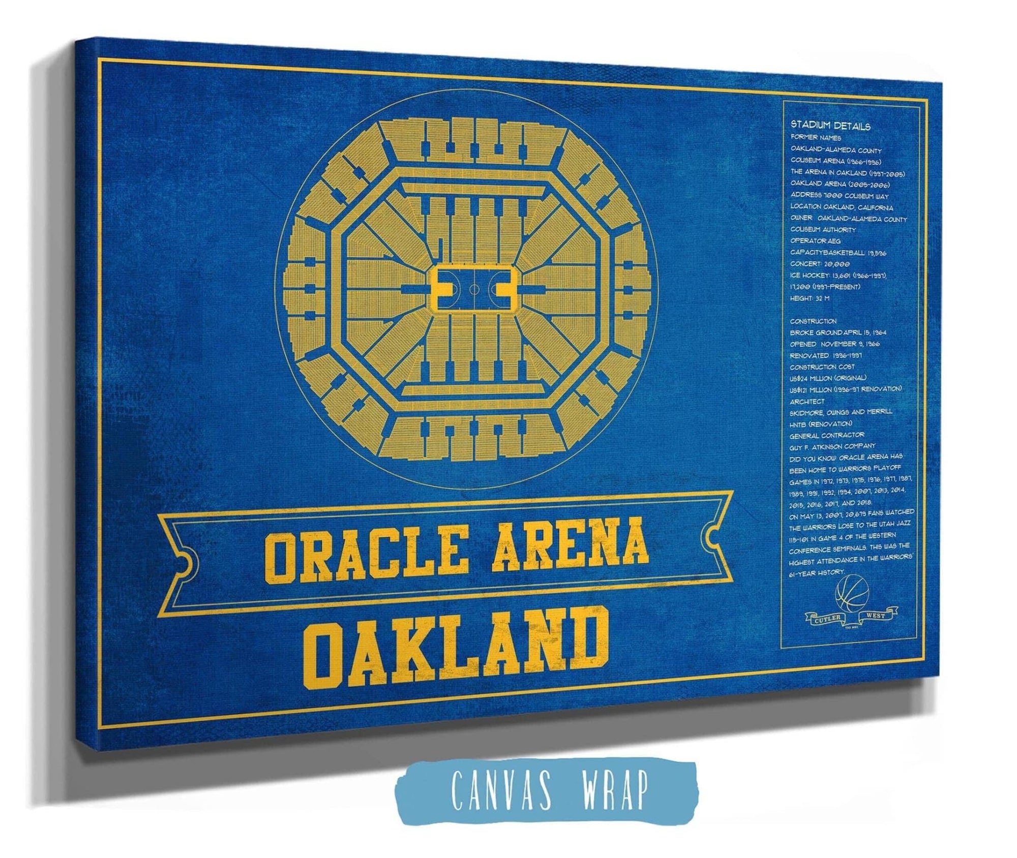 Cutler West Basketball Collection Golden State Warriors - Oracle Arena Vintage Basketball Blueprint Framed NBA Team Color Print
