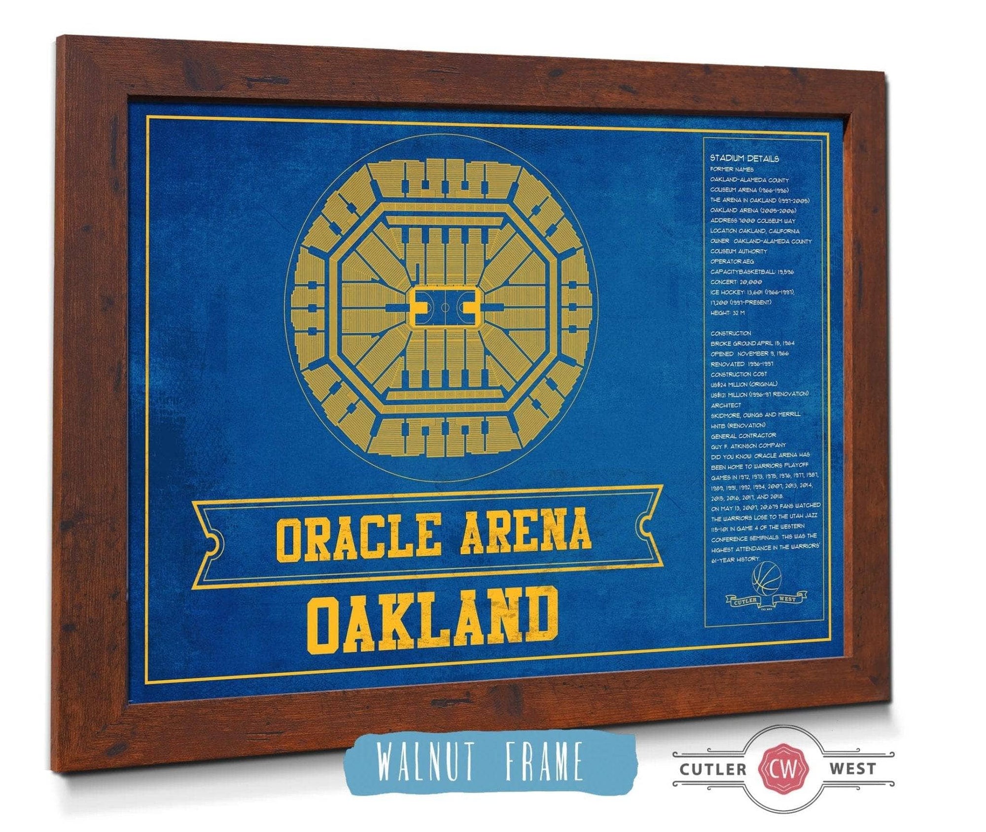 Cutler West Basketball Collection 14" x 11" / Walnut Frame Golden State Warriors - Oracle Arena Vintage Basketball Blueprint Framed NBA Team Color Print 660987526-TEAM_76368