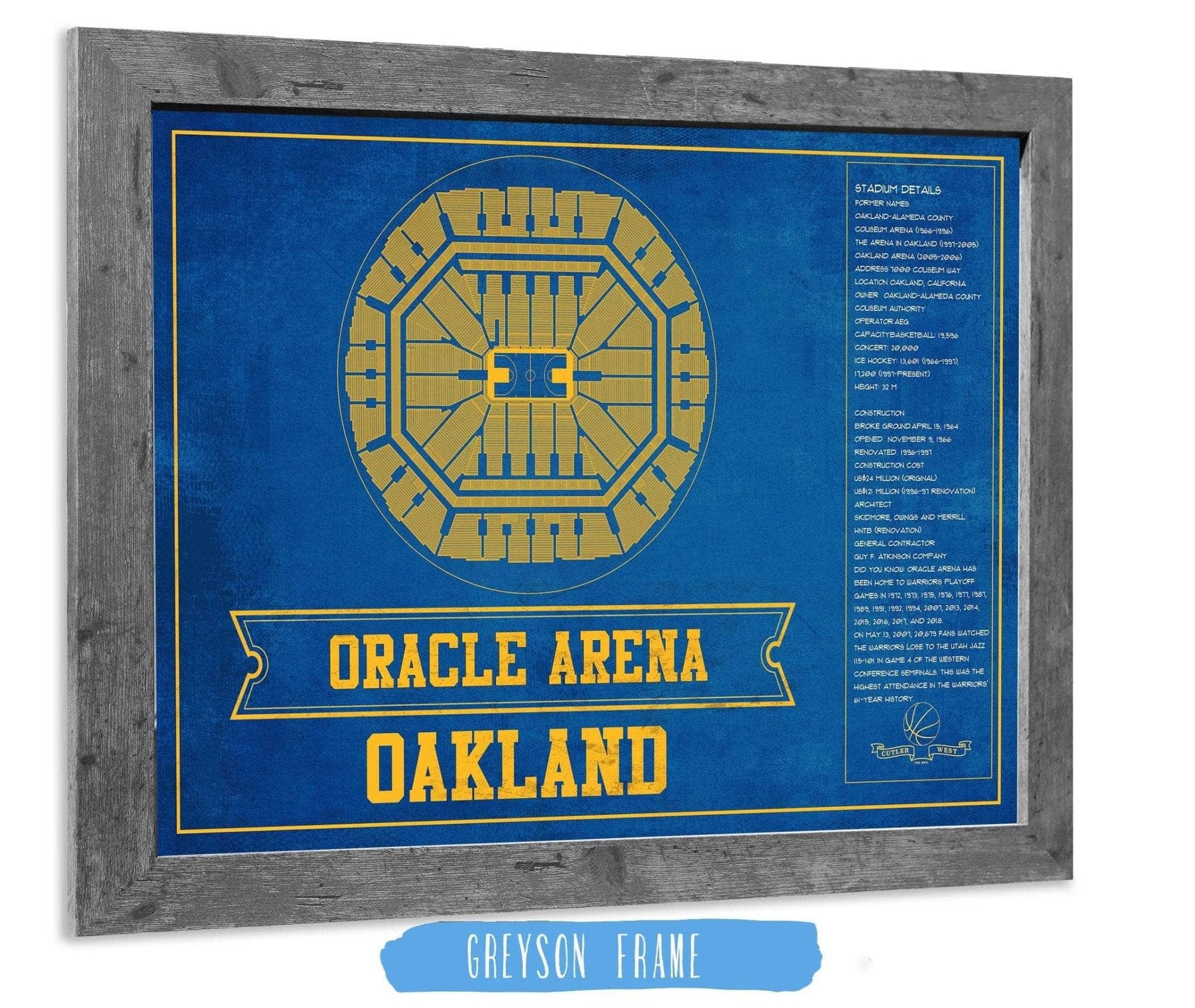 Cutler West Basketball Collection 14" x 11" / Greyson Frame Golden State Warriors - Oracle Arena Vintage Basketball Blueprint Framed NBA Team Color Print 660987526-TEAM_76372