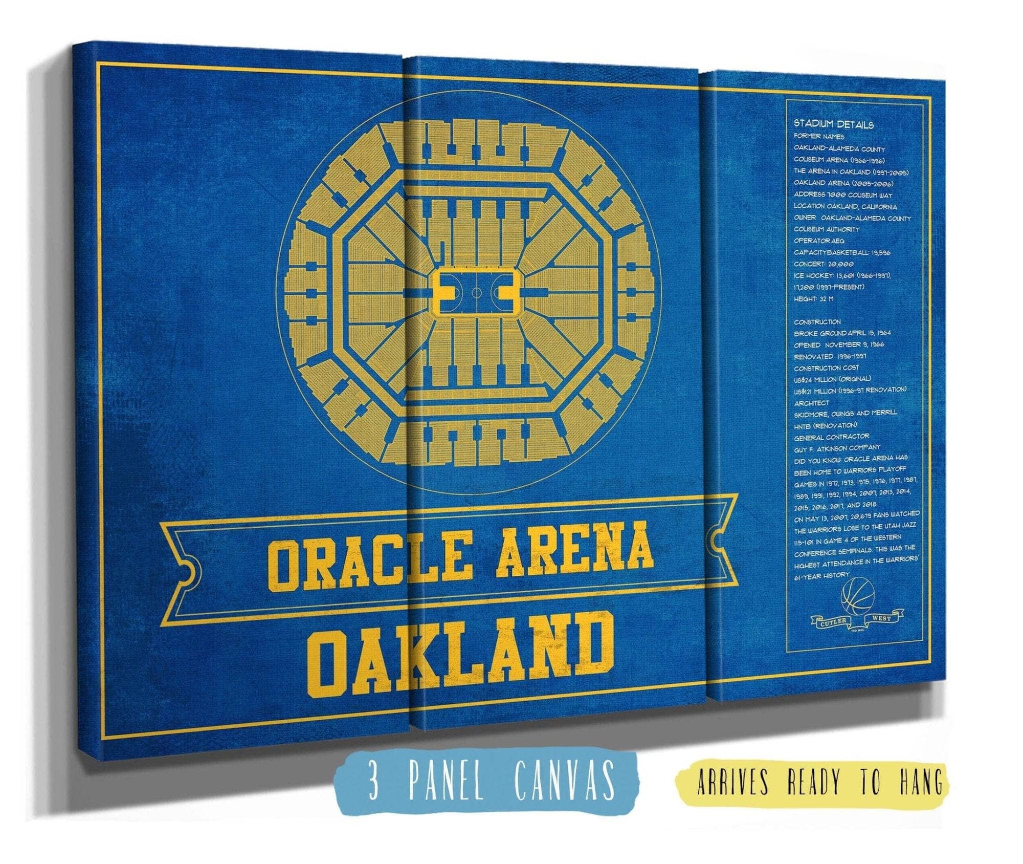 Cutler West Basketball Collection 48" x 32" / 3 Panel Canvas Wrap Golden State Warriors - Oracle Arena Vintage Basketball Blueprint Framed NBA Team Color Print 660987526-TEAM_76415