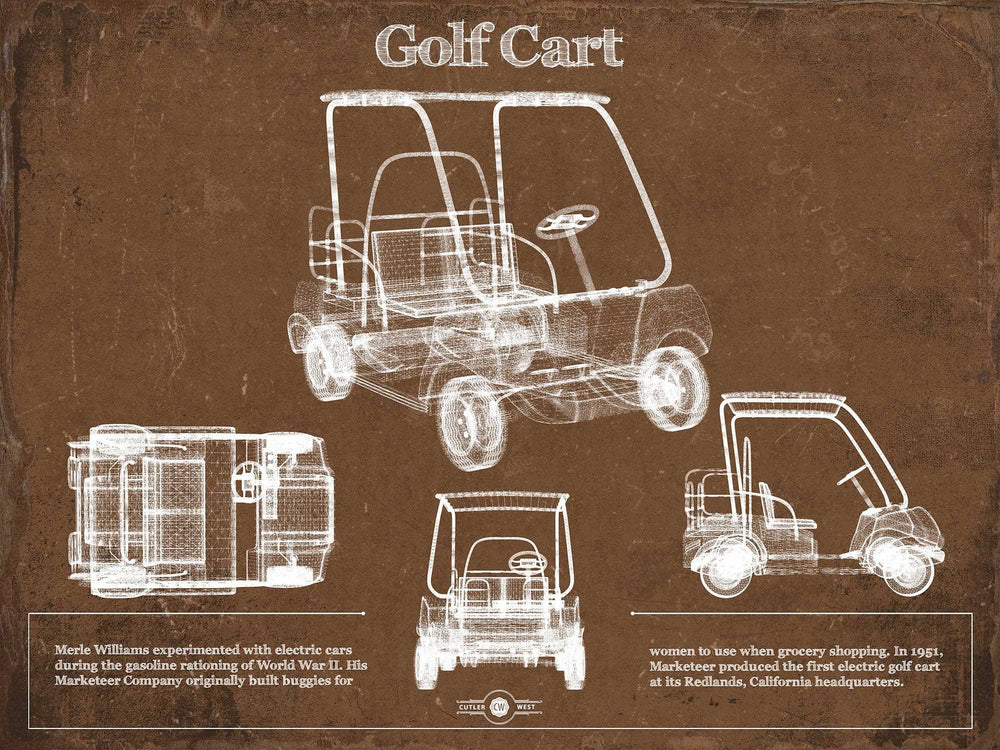 14" x 11" / Stretched Canvas Wrap Cutler West Golf Cart Blueprint Patent Art