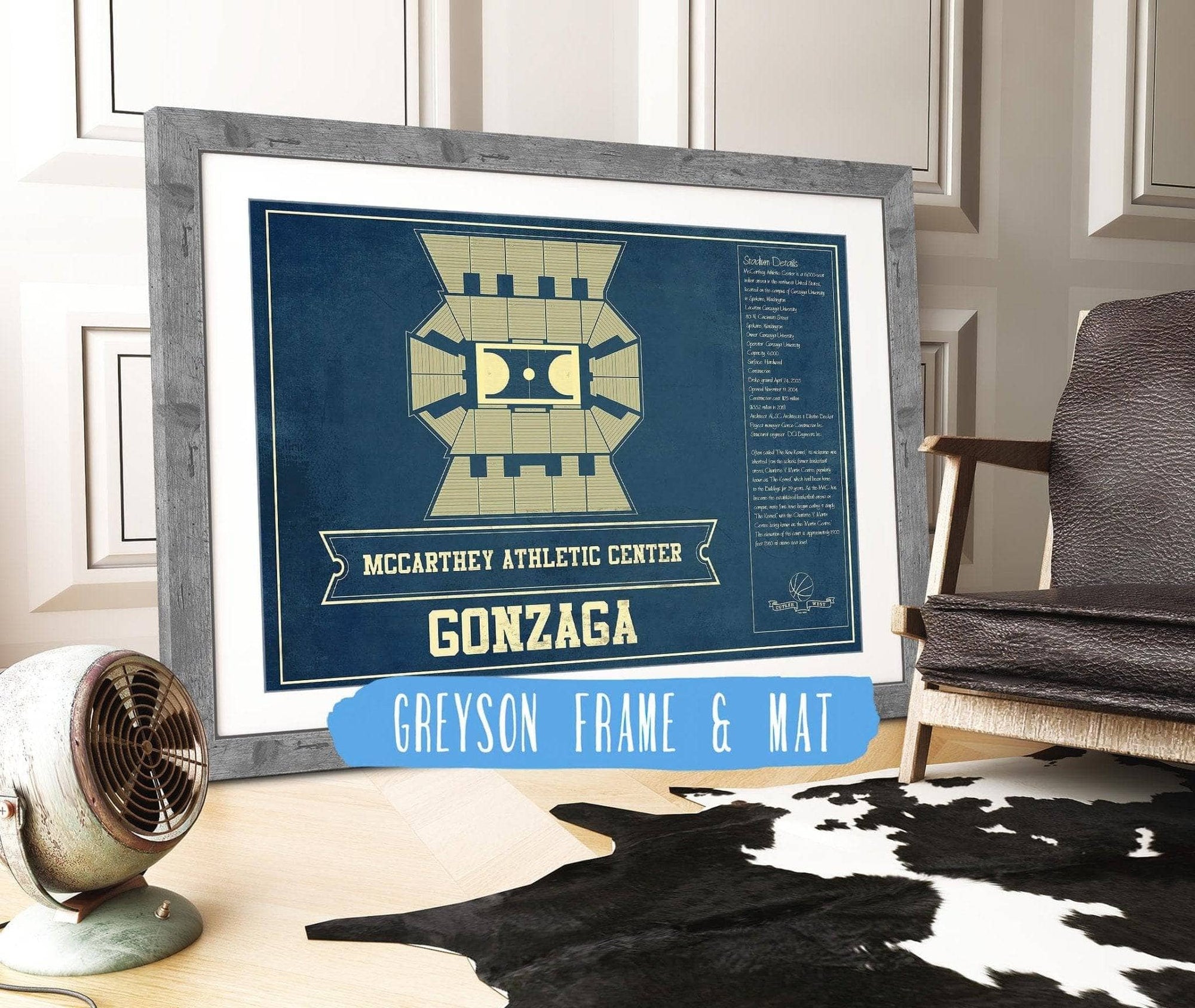 Cutler West 14" x 11" / Greyson Frame & Mat McCarthey Athletic Center Gonzaga Bulldogs Vintage Basketball Blueprint 933350216-14"-x-11"82708