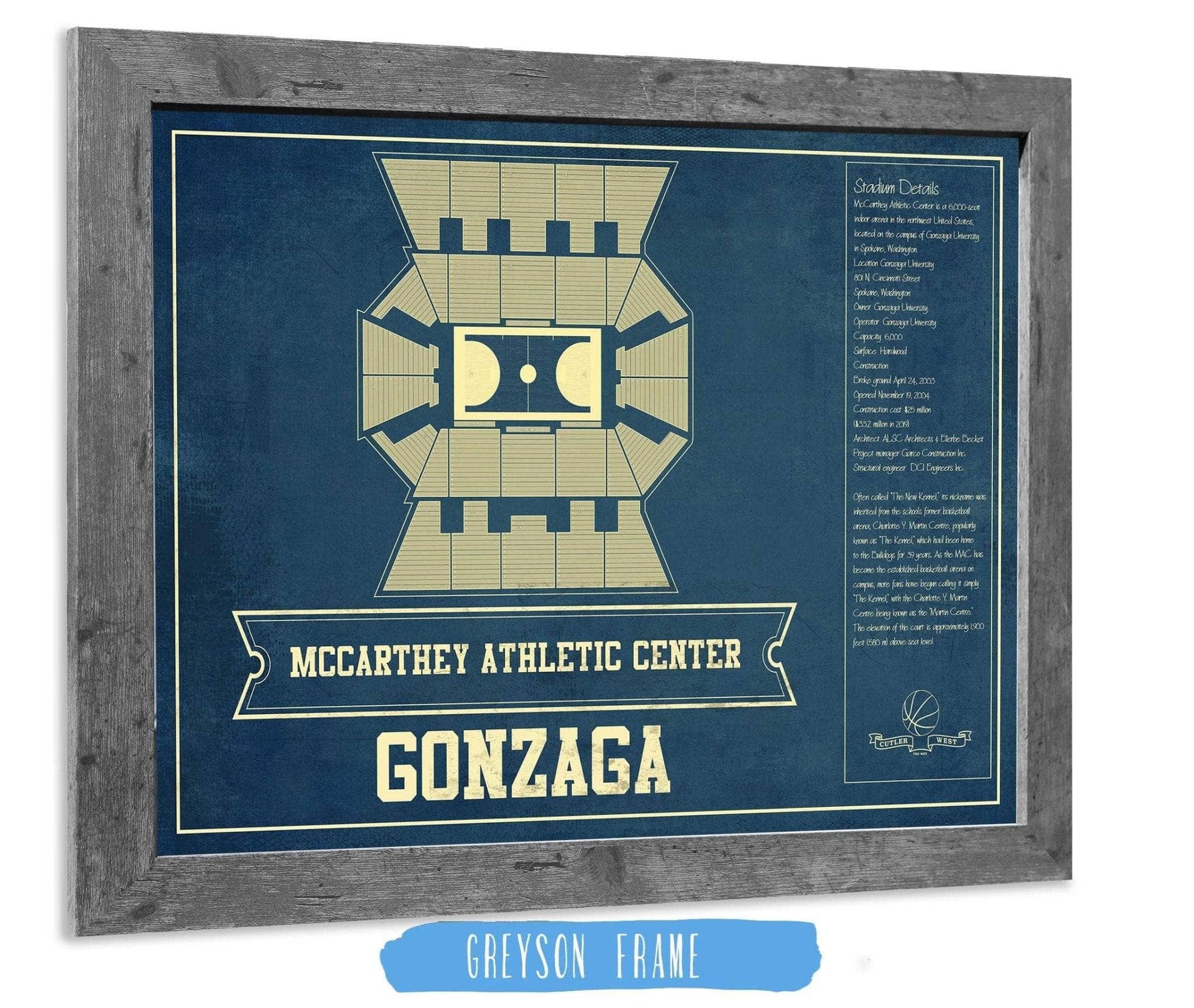 Cutler West 14" x 11" / Greyson Frame McCarthey Athletic Center Gonzaga Bulldogs Vintage Basketball Blueprint 933350216-14"-x-11"82707