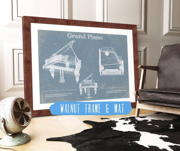 20" x 16" / Walnut Frame & Mat Cutler West Grand Piano Blueprint