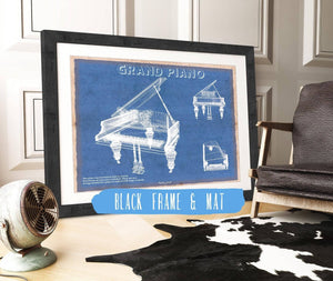 20" x 16" / Black Frame & Mat Cutler West Grand Piano Musical Instrument Original Blueprint Art