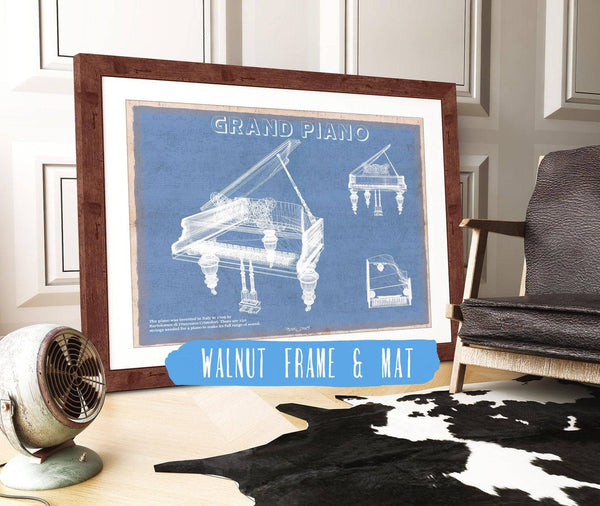 20" x 16" / Walnut Frame & Mat Cutler West Grand Piano Musical Instrument Original Blueprint Art