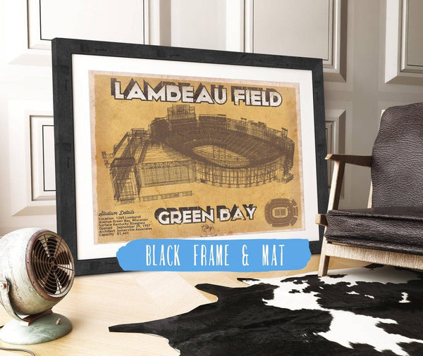 20" x 16" / Black Frame & Mat Cutler West Green Bay Packers - Lambeau Field Brown Version Vintage Football Print
