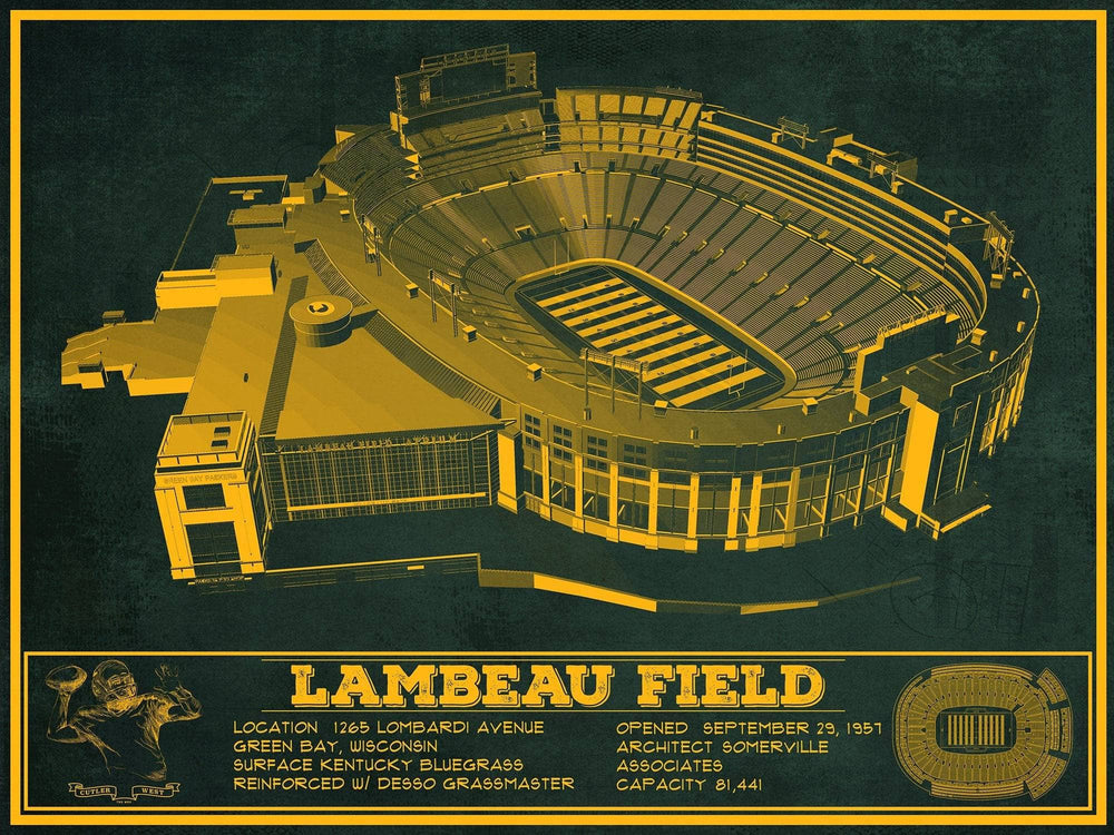 14" x 11" / Stretched Canvas Wrap Cutler West Green Bay Packers - Lambeau Field Team Color Vintage Football Print