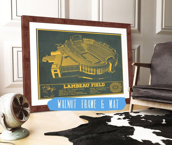 20" x 16" / Walnut Frame & Mat Cutler West Green Bay Packers - Lambeau Field Team Color Vintage Football Print
