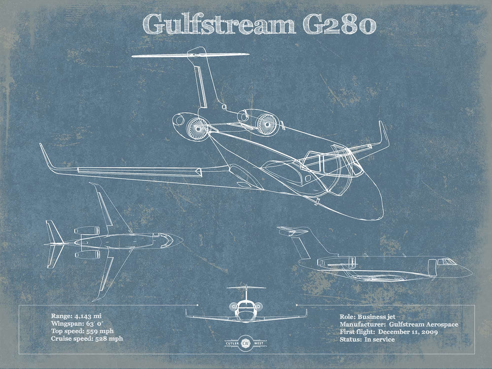 14" x 11" / Stretched Canvas Wrap Cutler West Gulfstream G280 Vintage Blueprint Airplane Print