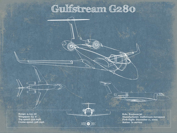 14" x 11" / Unframed Cutler West Gulfstream G280 Vintage Blueprint Airplane Print
