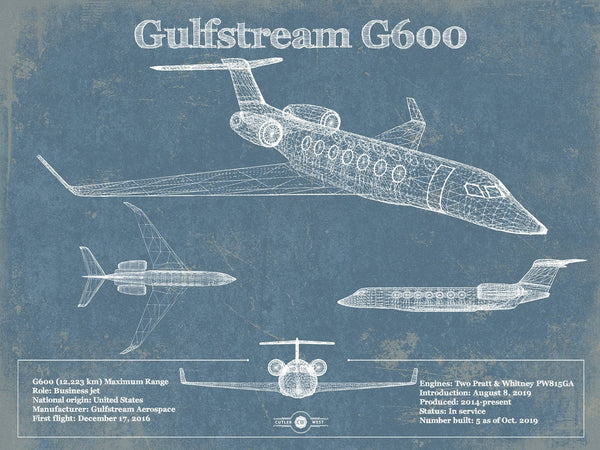 14" x 11" / Unframed Cutler West Gulfstream G600 Jet Vintage Aviation Blueprint
