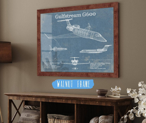 20" x 16" / Walnut Frame Cutler West Gulfstream G600 Jet Vintage Aviation Blueprint