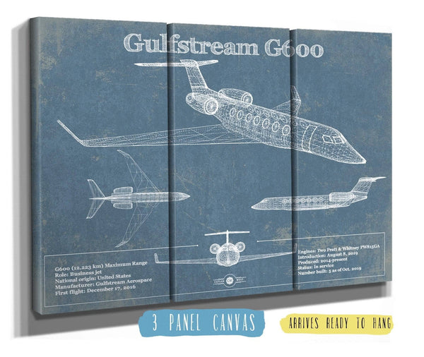 36" x 24" / 3 Panel Canvas Wrap Cutler West Gulfstream G600 Jet Vintage Aviation Blueprint