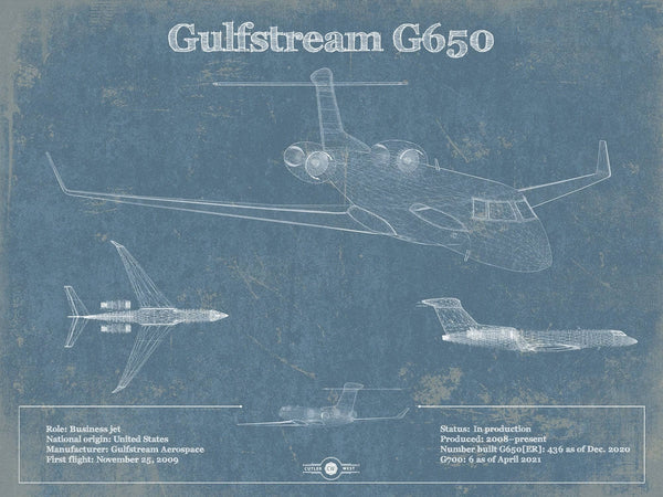 14" x 11" / Unframed Cutler West Gulfstream G650 Jet Vintage Aviation Blueprint
