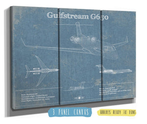 36" x 24" / 3 Panel Canvas Wrap Cutler West Gulfstream G650 Jet Vintage Aviation Blueprint