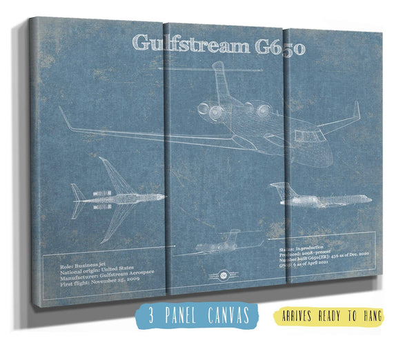36" x 24" / 3 Panel Canvas Wrap Cutler West Gulfstream G650 Jet Vintage Aviation Blueprint