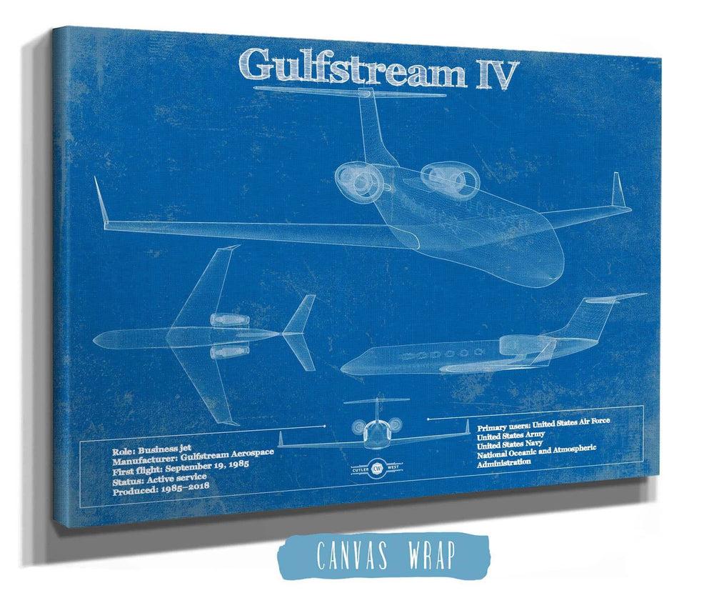 14" x 11" / Stretched Canvas Wrap Cutler West Gulfstream IV Jet Original Blueprint Art