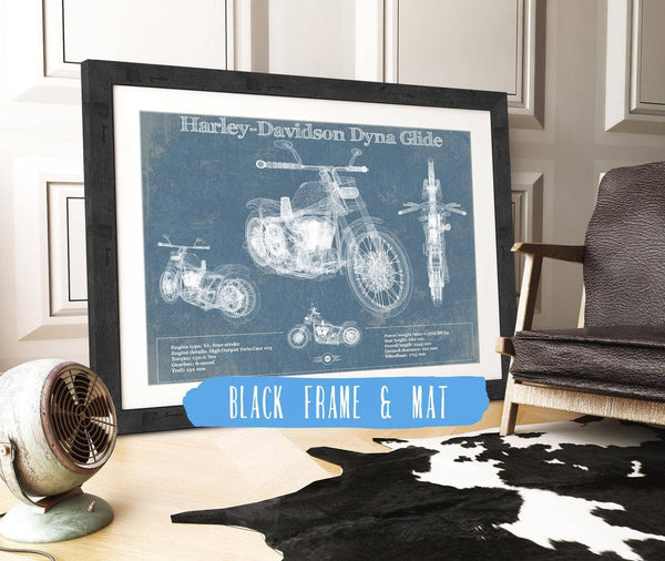 20" x 16" / Black Frame & Mat Cutler West Harley-Davidson Dyna Glide Blueprint Motorcycle Patent Print