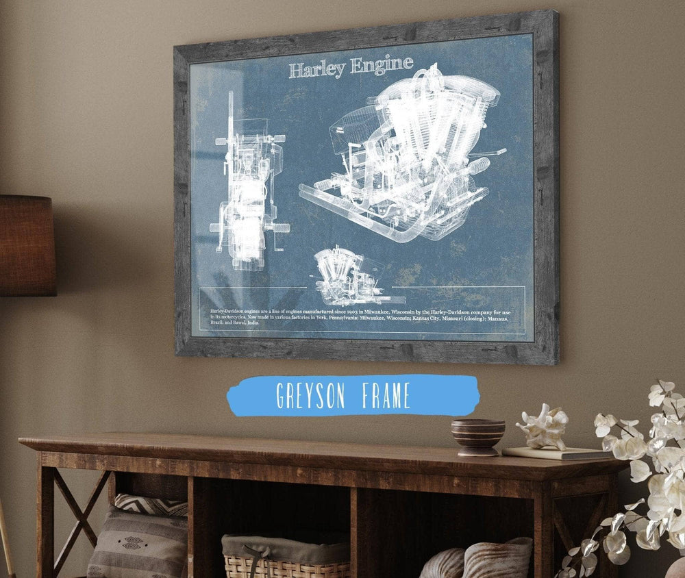 14" x 11" / Stretched Canvas Wrap Cutler West Harley-Davidson Engine Vintage Blueprint Motorcycle Engine Patent Print